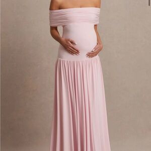 Club L London Blush Pink Off-Shoulder Maxi Maternity Dress